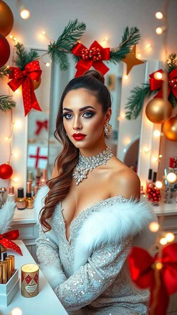 Festive Christmas Makeup and Outfit Ideas A festive makeup vanity with Christmas decorations, featuring a model in a glamorous outfit and sparkling makeup.